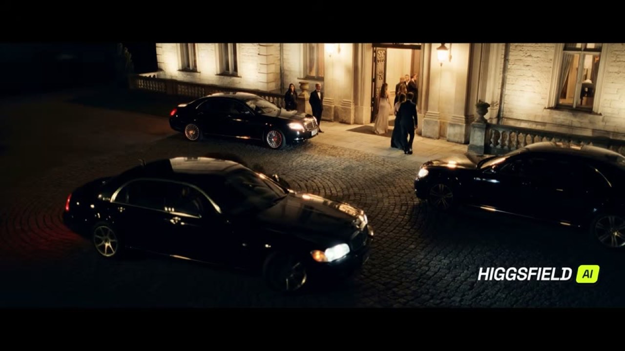Night film scene with black cars outside a mansion and a Higgsfield watermark