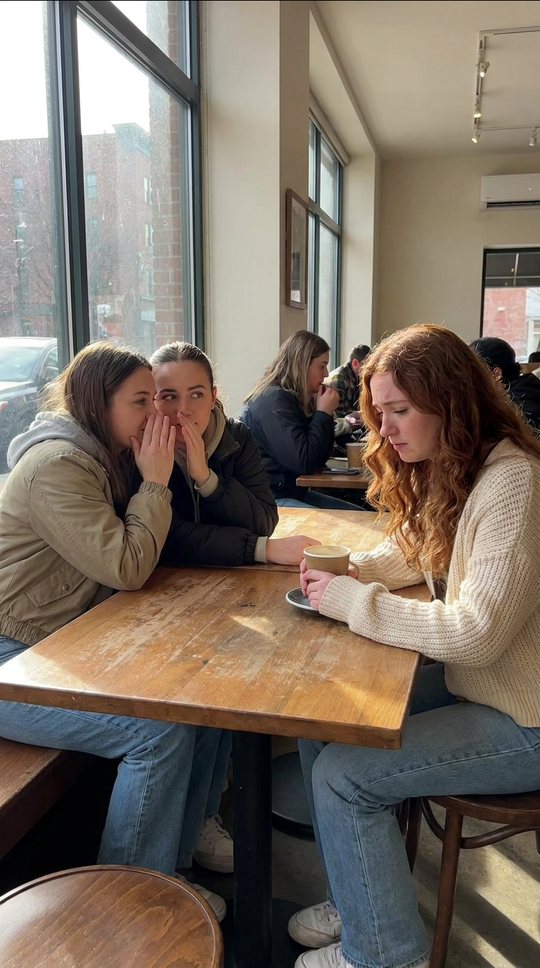 A café table: her two friends whisper and glance at her.