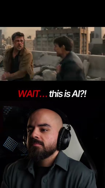 Action scene above a creator reaction and the words Wait this is AI